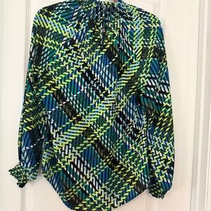 New York & Company Blue Green Patterned Blouse
